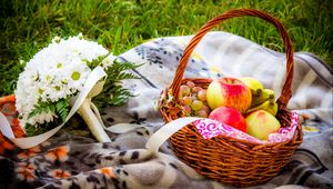 Preview wallpaper flowers, basket, apples, bunch