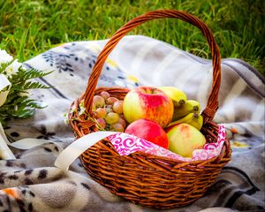 Preview wallpaper flowers, basket, apples, bunch