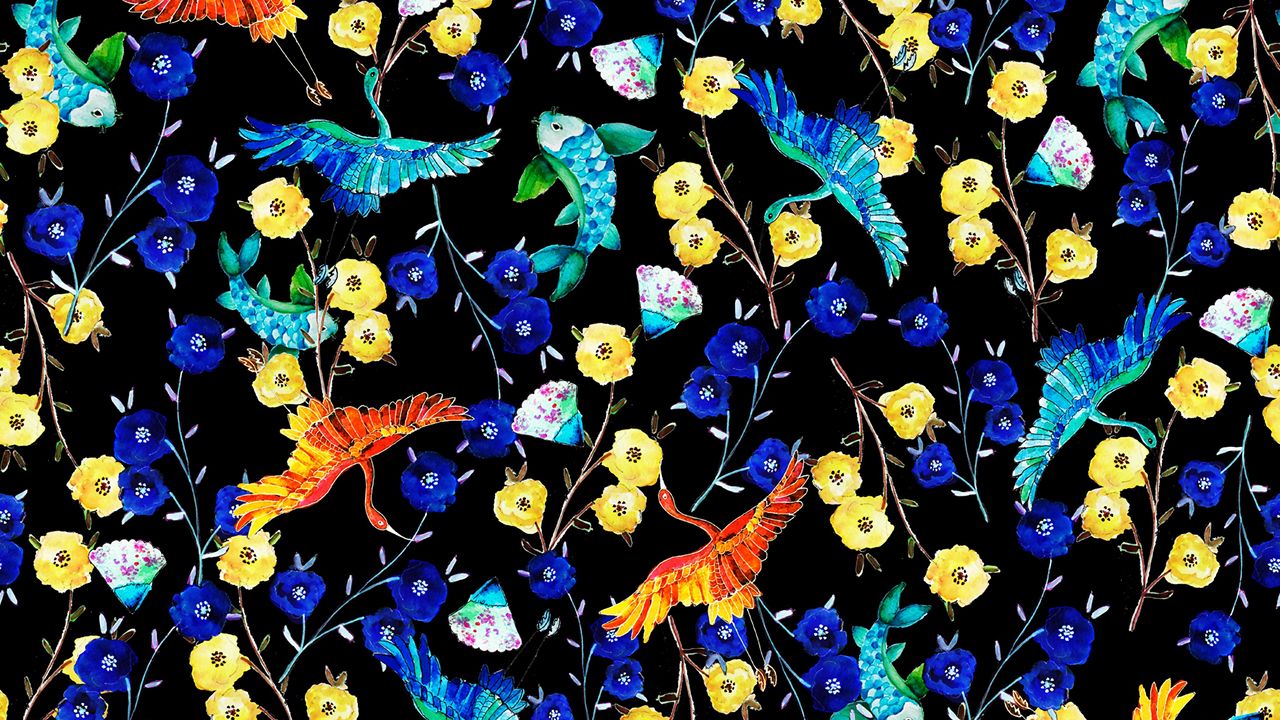 Wallpaper flowers, birds, fish, pattern, art