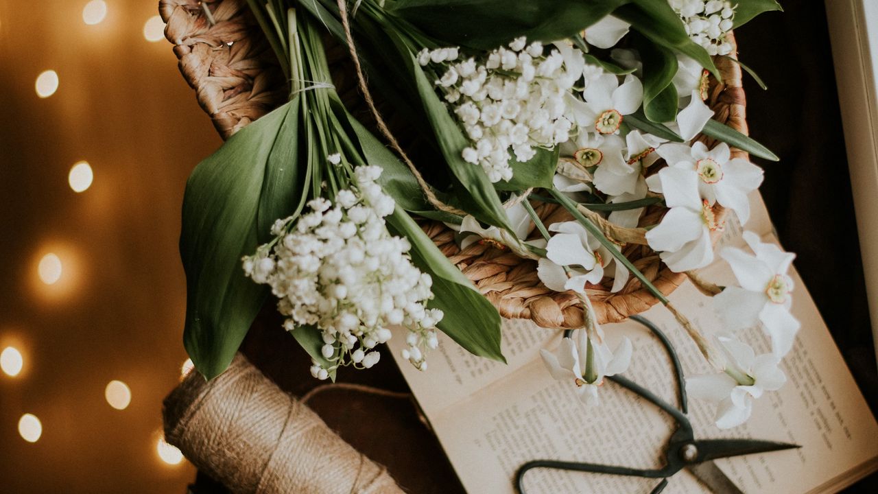 Wallpaper flowers, bouquet, basket, book, aesthetics