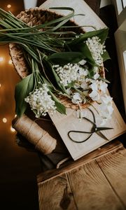 Preview wallpaper flowers, bouquet, basket, book, aesthetics