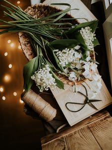 Preview wallpaper flowers, bouquet, basket, book, aesthetics