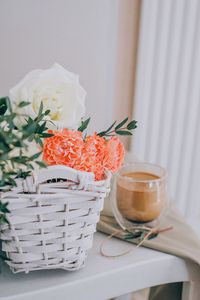 Preview wallpaper flowers, bouquet, basket, coffee, glass