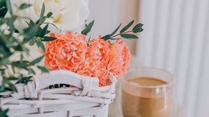 Preview wallpaper flowers, bouquet, basket, coffee, glass