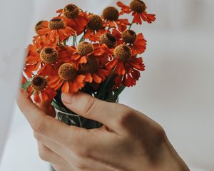 Preview wallpaper flowers, bouquet, hand, fingers, cloth