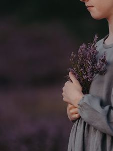 Preview wallpaper flowers, bouquet, lavender, purple, girl