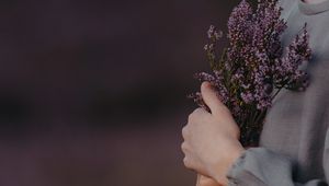 Preview wallpaper flowers, bouquet, lavender, purple, girl