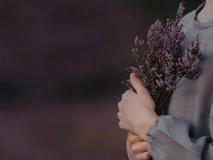 Preview wallpaper flowers, bouquet, lavender, purple, girl