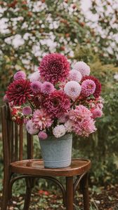 Preview wallpaper flowers, bouquet, pink, composition, pot, chair