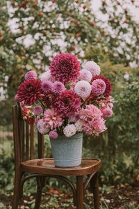 Preview wallpaper flowers, bouquet, pink, composition, pot, chair