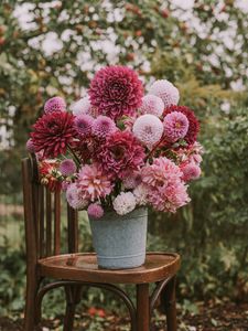 Preview wallpaper flowers, bouquet, pink, composition, pot, chair