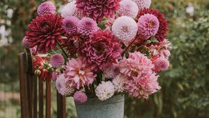 Preview wallpaper flowers, bouquet, pink, composition, pot, chair