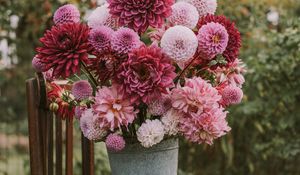 Preview wallpaper flowers, bouquet, pink, composition, pot, chair