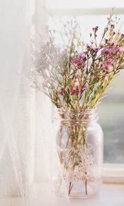 Preview wallpaper flowers, bouquet, pink, vase, window