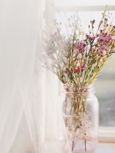 Preview wallpaper flowers, bouquet, pink, vase, window
