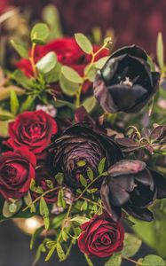 Preview wallpaper flowers, bouquet, roses, tulips, red, black