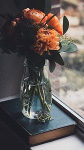 Preview wallpaper flowers, bouquet, vase, book, window