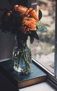 Preview wallpaper flowers, bouquet, vase, book, window