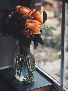 Preview wallpaper flowers, bouquet, vase, book, window