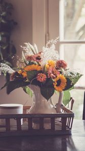 Preview wallpaper flowers, bouquet, vase, cup, aesthetics