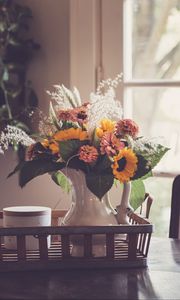 Preview wallpaper flowers, bouquet, vase, cup, aesthetics