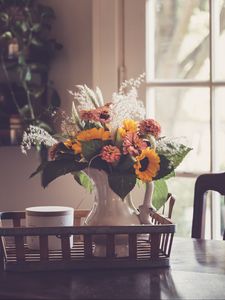 Preview wallpaper flowers, bouquet, vase, cup, aesthetics