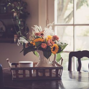 Preview wallpaper flowers, bouquet, vase, cup, aesthetics
