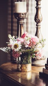 Preview wallpaper flowers, bouquet, vase, candlestick, aesthetics