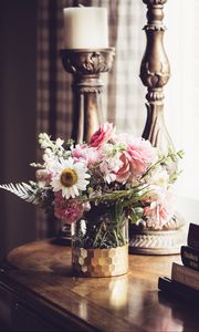 Preview wallpaper flowers, bouquet, vase, candlestick, aesthetics