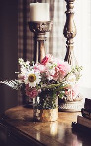 Preview wallpaper flowers, bouquet, vase, candlestick, aesthetics