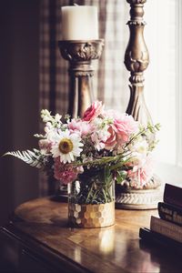 Preview wallpaper flowers, bouquet, vase, candlestick, aesthetics