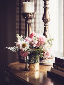 Preview wallpaper flowers, bouquet, vase, candlestick, aesthetics