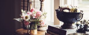 Preview wallpaper flowers, bouquet, vase, candlestick, aesthetics