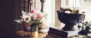 Preview wallpaper flowers, bouquet, vase, candlestick, aesthetics