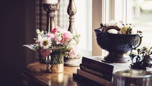 Preview wallpaper flowers, bouquet, vase, candlestick, aesthetics