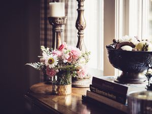 Preview wallpaper flowers, bouquet, vase, candlestick, aesthetics