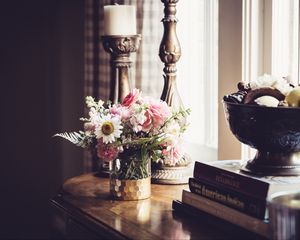 Preview wallpaper flowers, bouquet, vase, candlestick, aesthetics