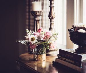 Preview wallpaper flowers, bouquet, vase, candlestick, aesthetics