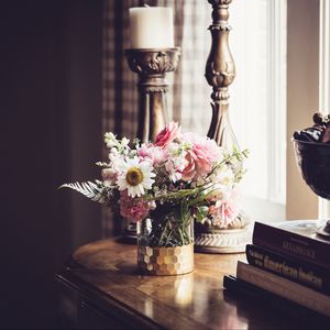 Preview wallpaper flowers, bouquet, vase, candlestick, aesthetics