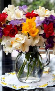 Preview wallpaper flowers, bouquets, pot, table, cloth