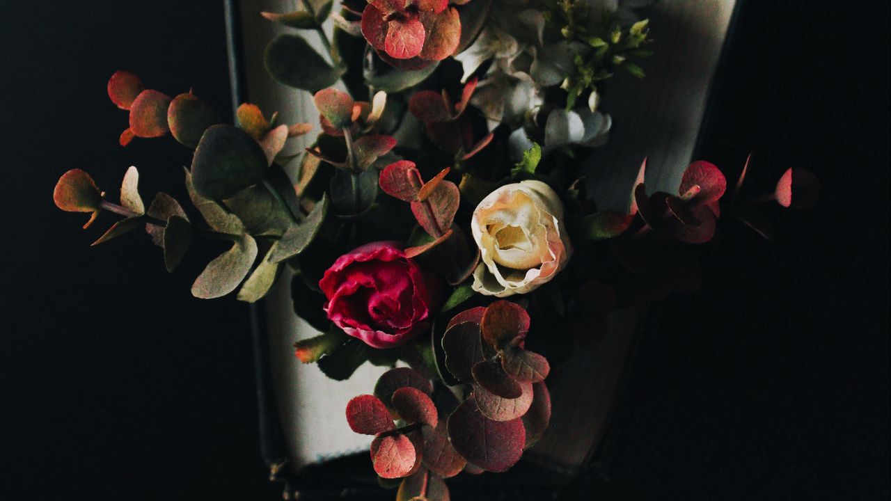 Wallpaper flowers, eucalyptus, bouquet, book, dark