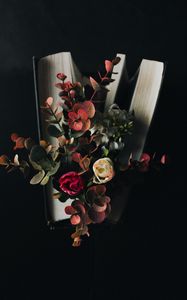 Preview wallpaper flowers, eucalyptus, bouquet, book, dark