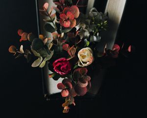 Preview wallpaper flowers, eucalyptus, bouquet, book, dark