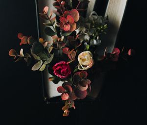 Preview wallpaper flowers, eucalyptus, bouquet, book, dark