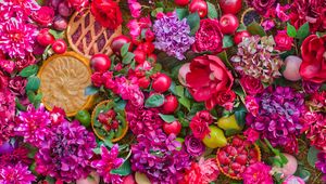 Preview wallpaper flowers, fruits, summer, still life, cakes