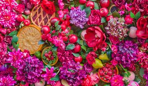 Preview wallpaper flowers, fruits, summer, still life, cakes