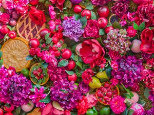 Preview wallpaper flowers, fruits, summer, still life, cakes