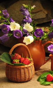 Preview wallpaper flowers, jugs, strawberry, basket, stone, table