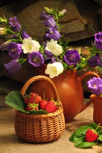 Preview wallpaper flowers, jugs, strawberry, basket, stone, table