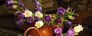 Preview wallpaper flowers, jugs, strawberry, basket, stone, table